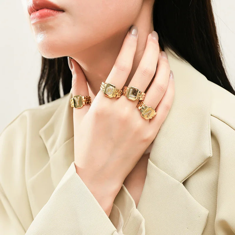 HOVANCI Initial Letter Jewelry Adjustable Unisex Ring 12 Tarnish Free 18k Gold Letter Rings