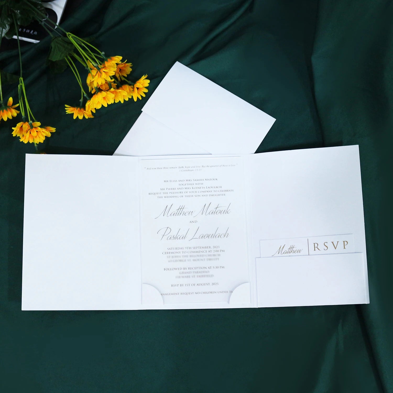 Christian Church Tri Fold Pocket Folder Clear Plexi Glass Clear Transparent Acrylic Wedding Invitation with Gold Foil Cards
