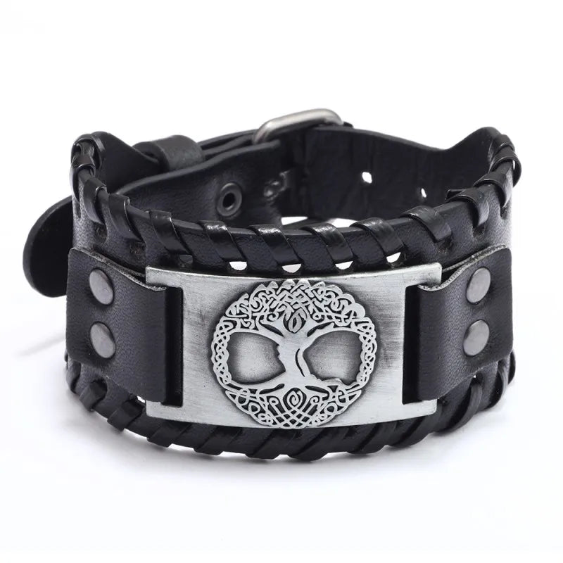 Custom Embossed Yggdrasil Woven Wristband Life Tree Leather Cuff Bracelet Bangles