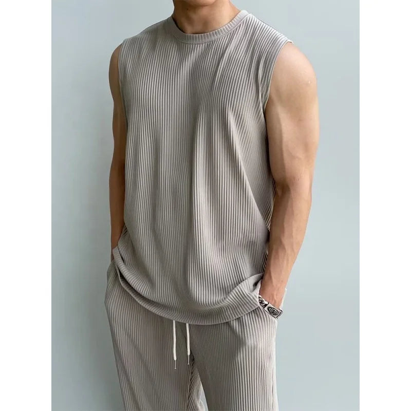 2024 New Ice Silk Sports Set Men's Summer Thin Tracksuit Men Casual Long Pants Sleeveless T-shirt Quick Drying Clothes Sets
