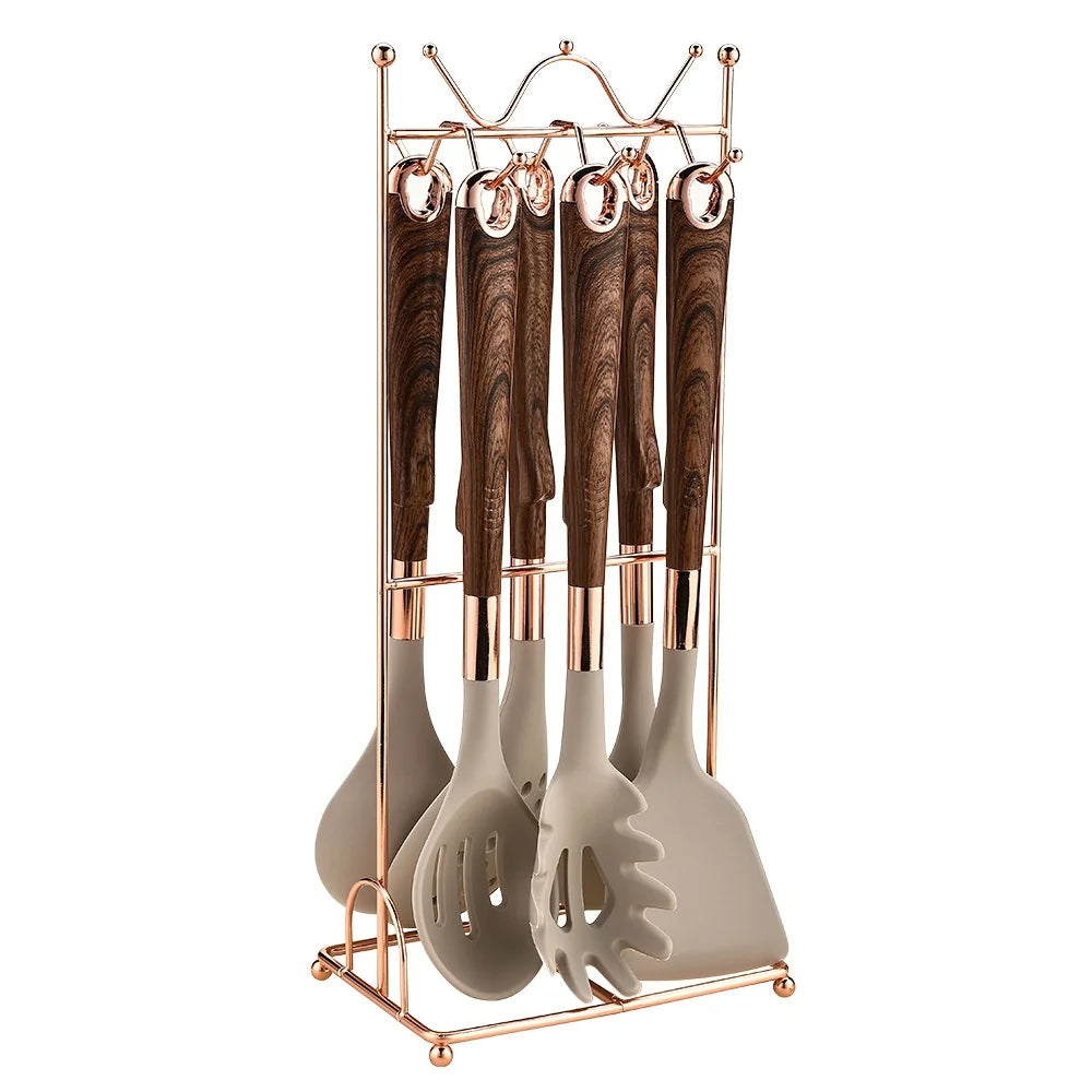 YJ Wonderful Custom 7-Piece Silicone Kitchenware Set with Storage Rack Cooking Shovel Spoon Household Tools for Kitchens