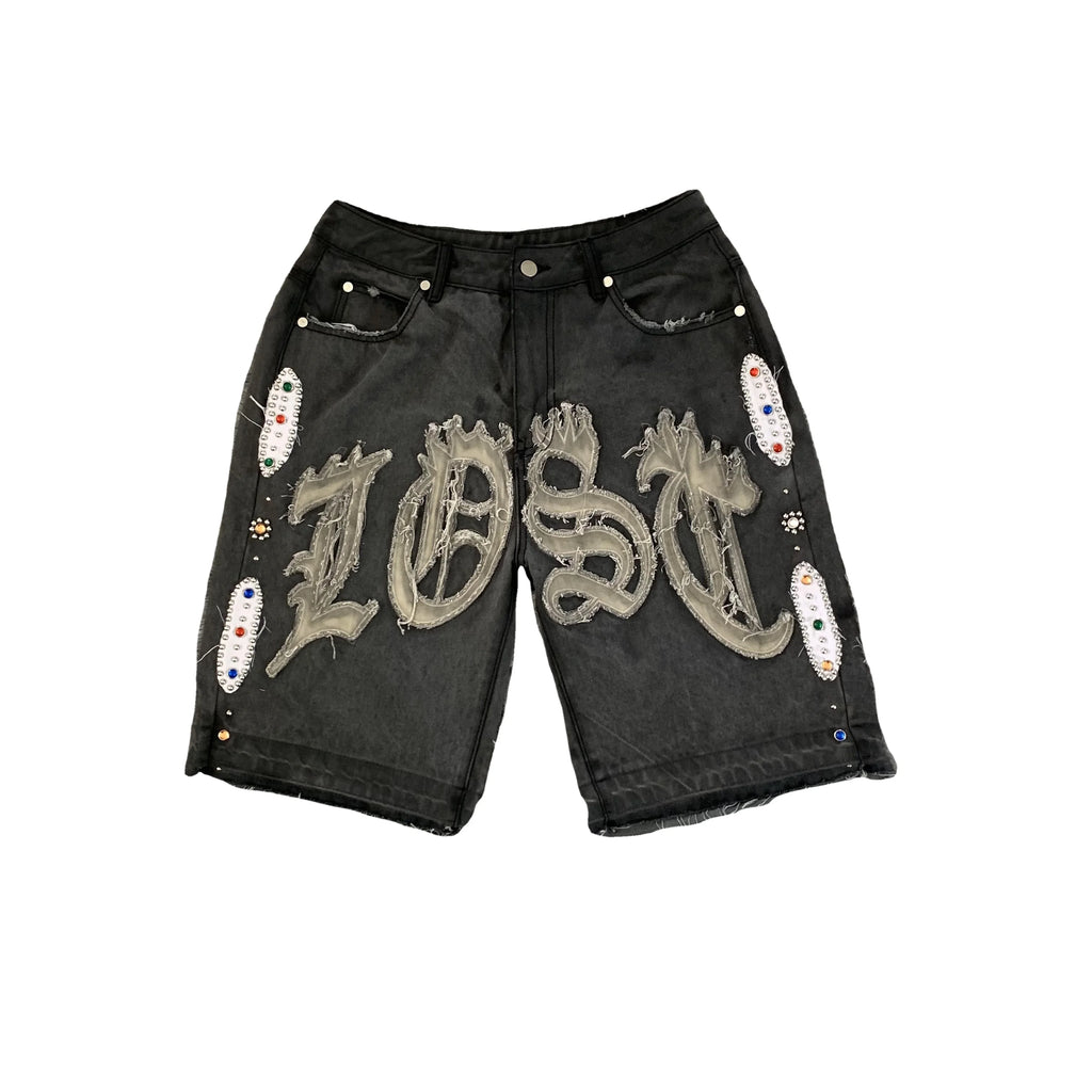DENIMGUYS Custom Summer Embroidery Applique Rhinestone Streetwear Acid Wash Jeans Shorts Men Baggy Denim Shorts