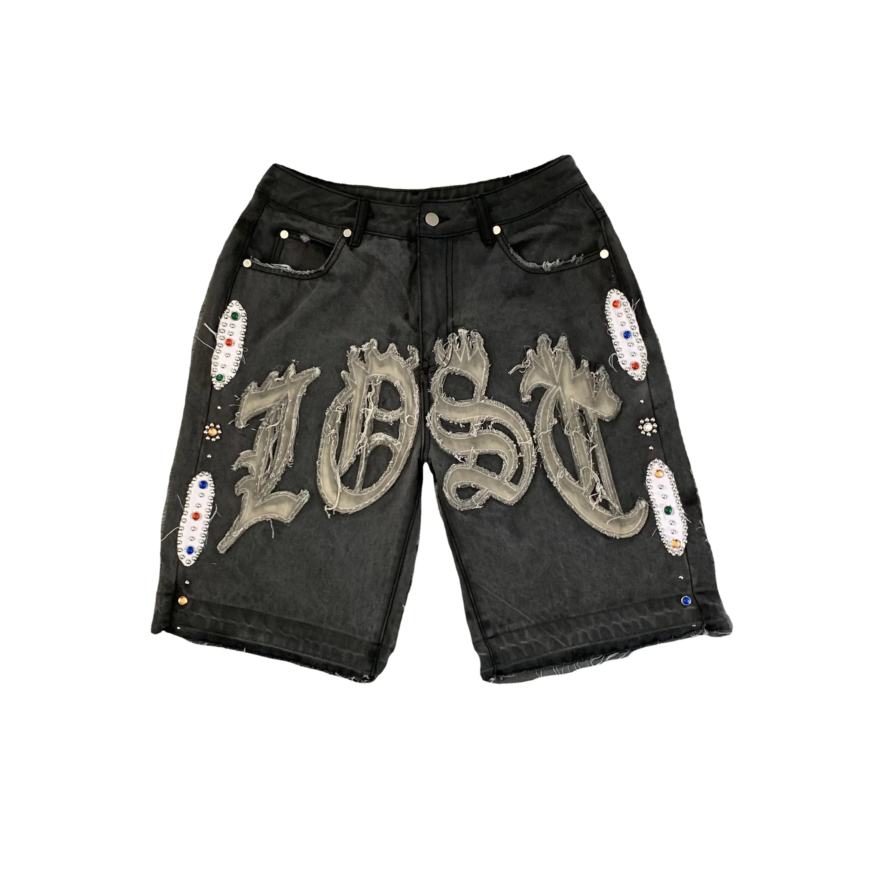 DENIMGUYS Custom Summer Embroidery Applique Rhinestone Streetwear Acid Wash Jeans Shorts Men Baggy Denim Shorts