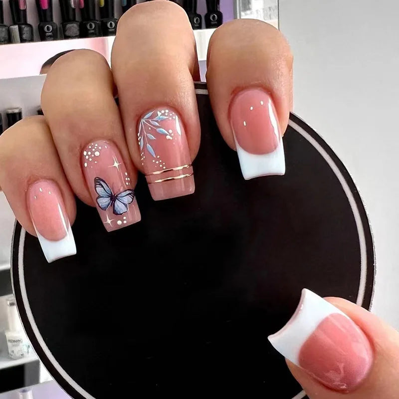 French 24pcs Box square butterfly Pink Soft Gel Nail Art Tips Multi Color Press on Nails Tips Set