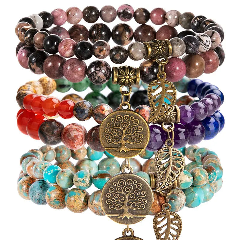 New Natural Semi-Precious Gemstone Beads Bracelet Tree of Life and Leaf Charm Chakra Energy Healing Stretch Double Row Bracelet
