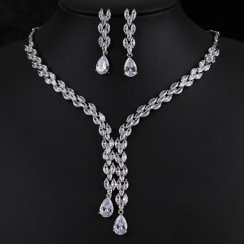 2022 New Temperament Wedding Jewelry Shiny Bridal Necklace Earrings Set Water Droplets Zircon Jewelry Set for Women Girls