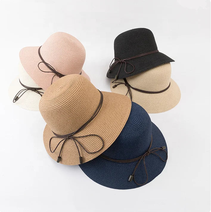 New Fashion Foldable Custom Women's Adult Hollow Straw Panama Sublimation Printed Flower Bowknot Checked Pattern Beach Hats