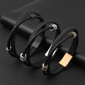 Hot Personalized Multi-Layer Braided Genuine Leather Men's Stainless Steel With CZ Magnetic Clasp Bracelet