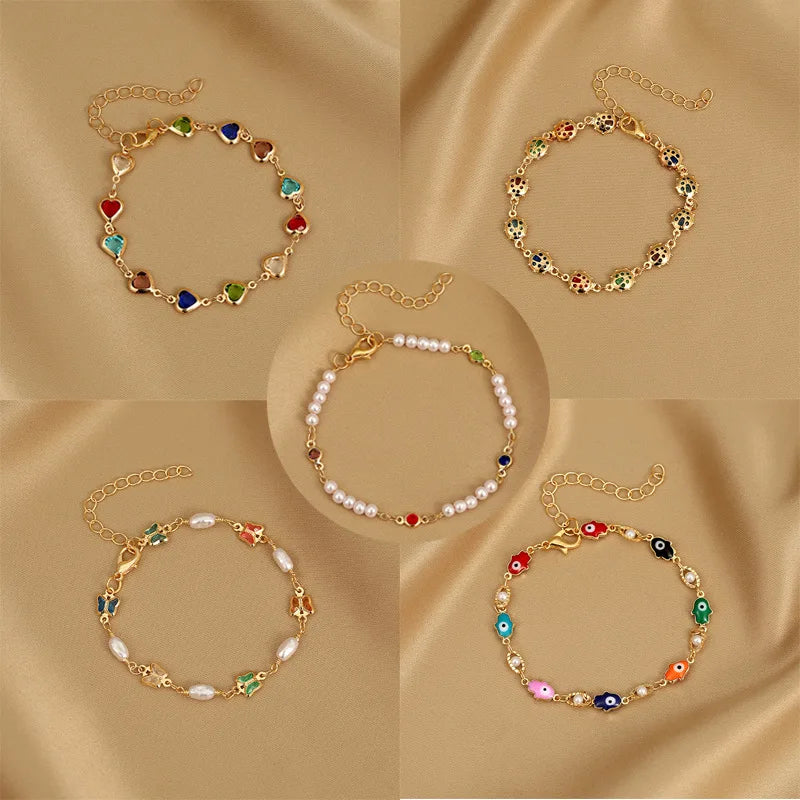 Exquisite Colorful Heart&Eye Bracelet for Women Charm Crystal Zircon Metal Chain Bracelets Party Birthday Jewelry Gift