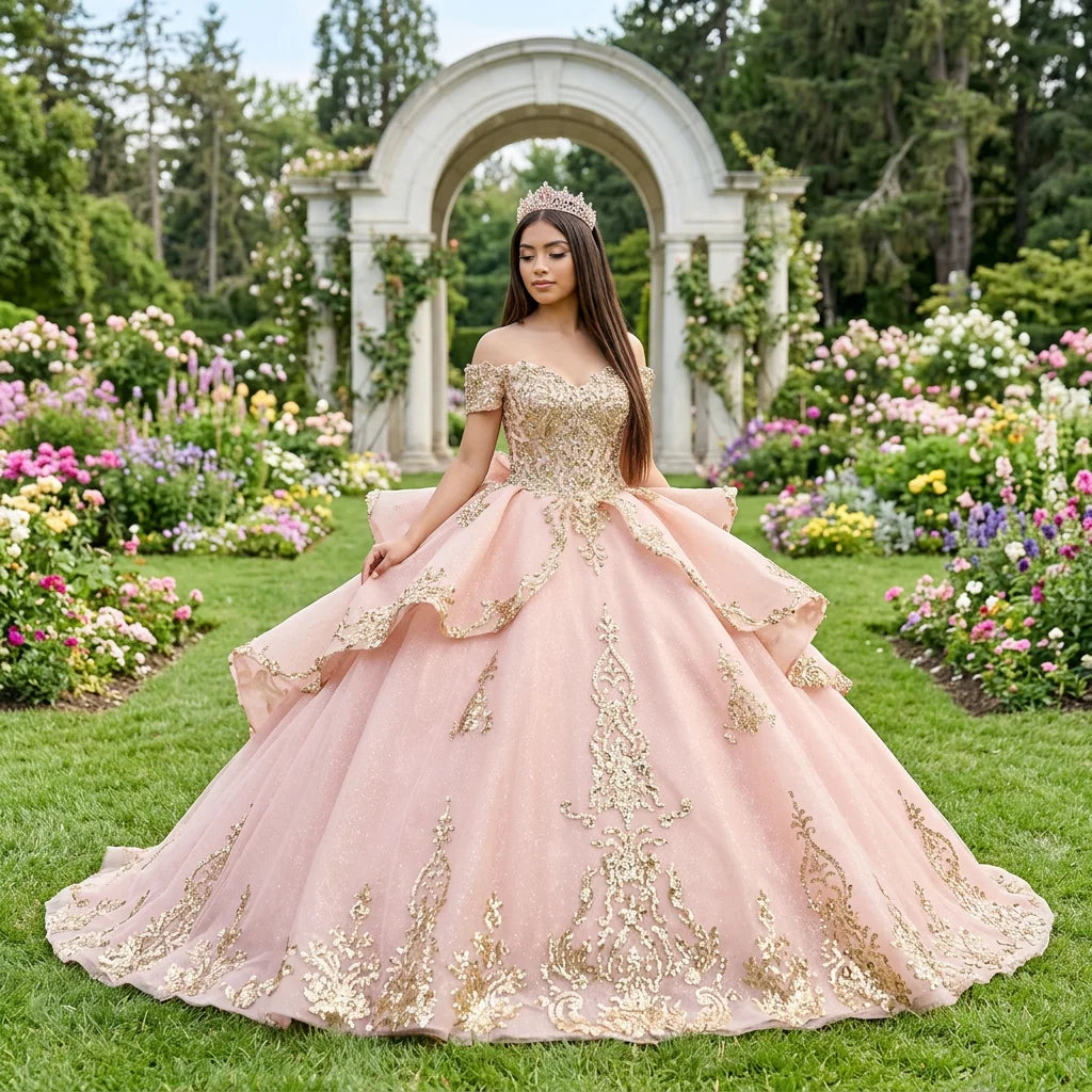 Dark Pink Quinceanera Dresses Mexican Sweetheart Lace Puffy Ball Gowns Off-Shoulder Applique Luxury 5841