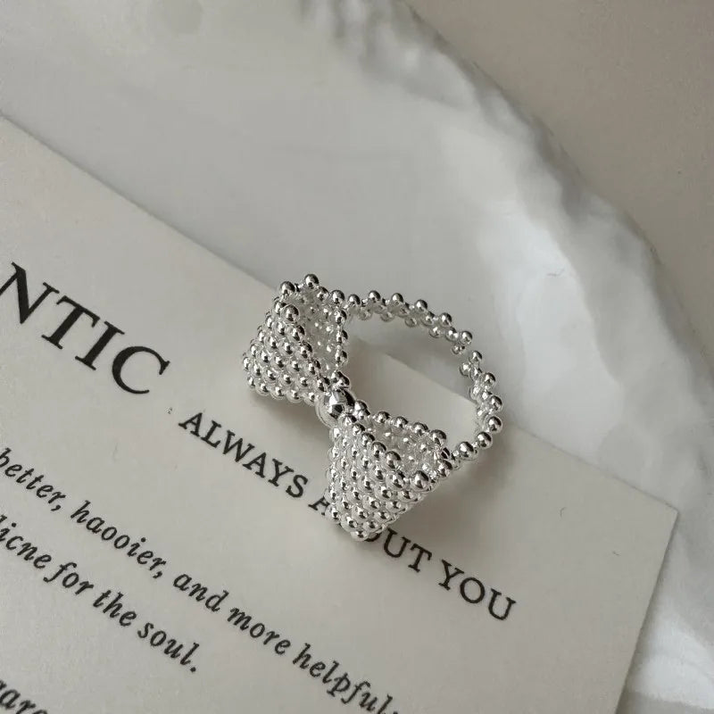 Handmade Korean Design 925 Sterling Silver Bowknot Shape Finger Rings for Girls Fine Jewelry