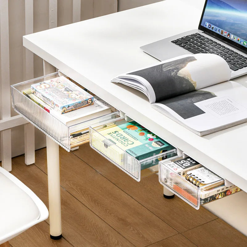 OWNSWING Hidden Self Adhesive Desk Drawers Slide Out Attachable Clear Plastic Under Desk Storage Under Desk Drawer Organizers