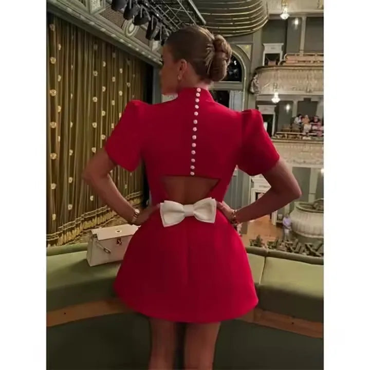 Female 2025 Fashion Party Evening Robe Women Red O-neck Short Sleeve High Waist A-line Dresses Elegant Bow Hallow Out Mini Dress