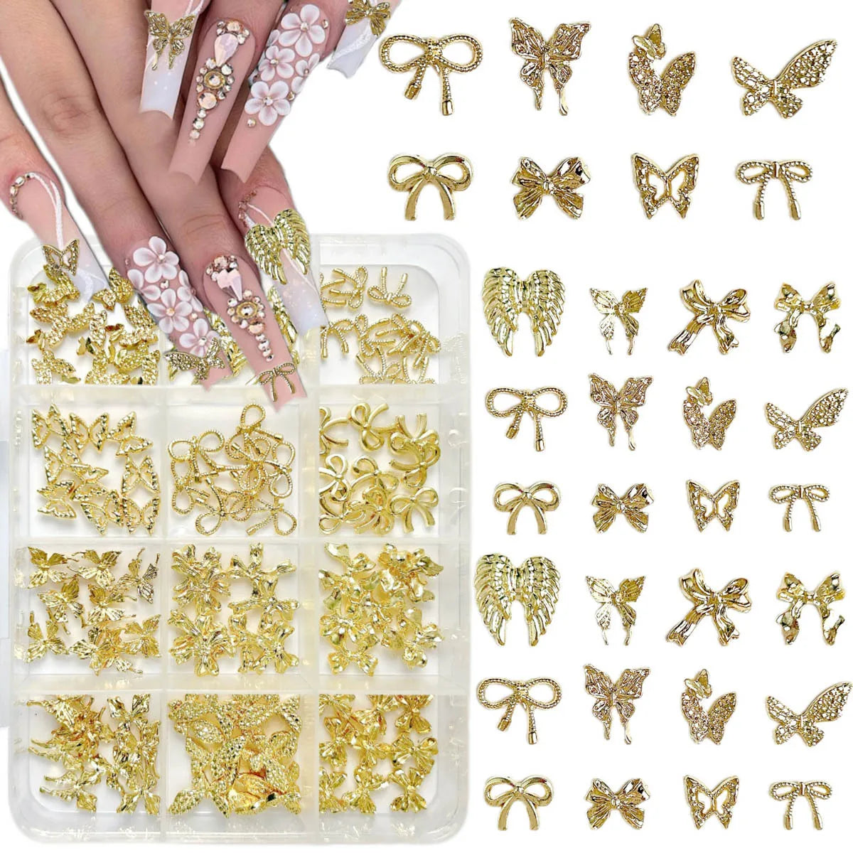 Wholesale 12-Gird Butterfly Rose Nail Art Decorations Golden Alloy Bow & Nail Charms Stickers & Decals