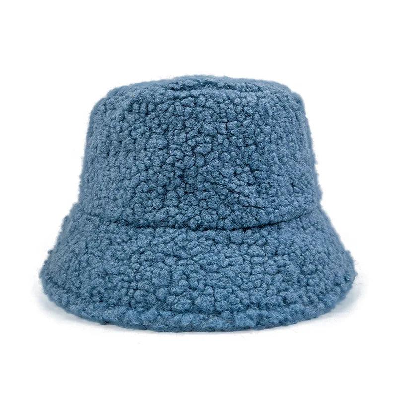 2025 Winter Custom Embroidery Women's Sherpa Lamb Hair Bucket Hat Solid Cross Border Fuzzy Bucket Hat for Fishing Wholesale