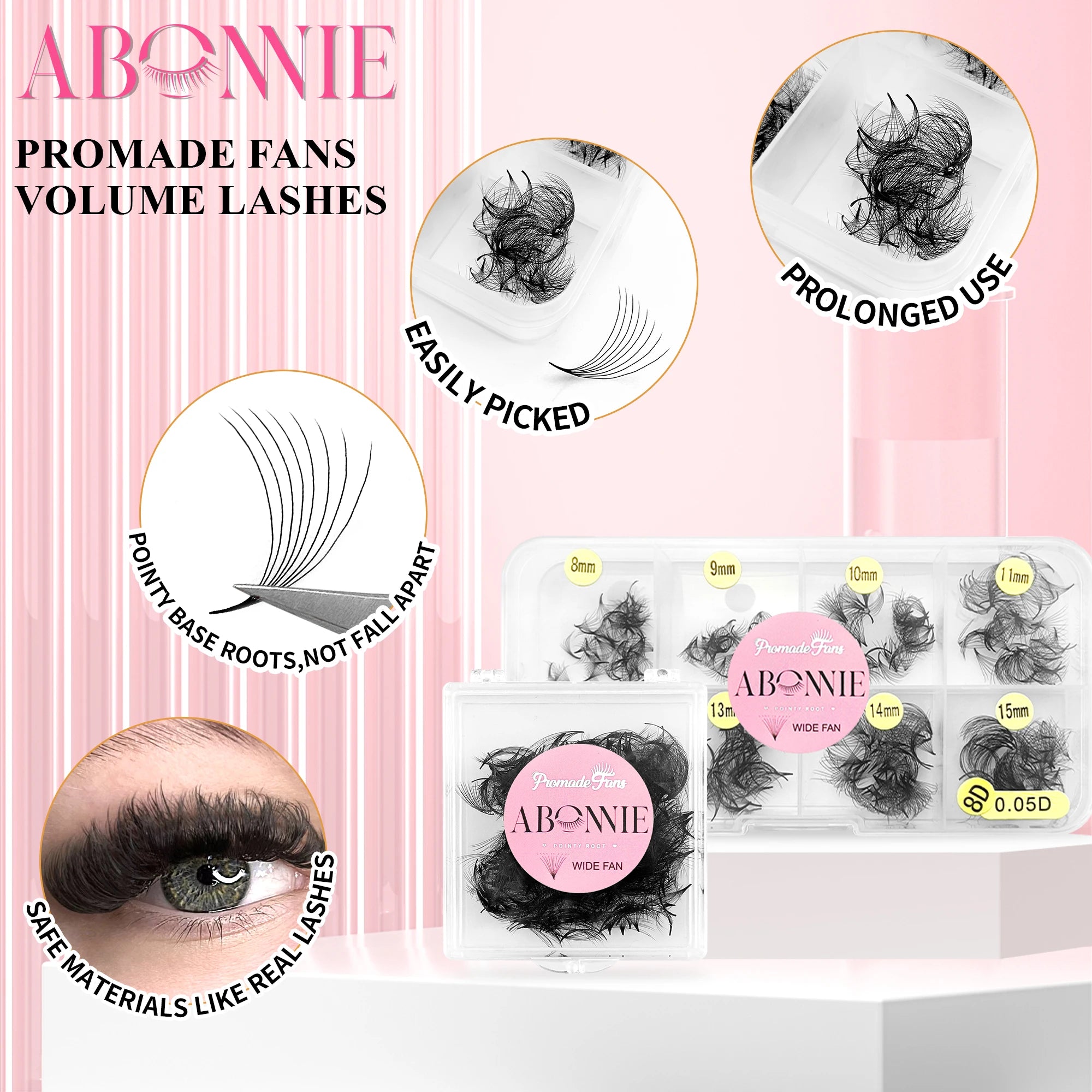 Abonnie 500 1000 Loose Lash Trays Flat Long Stem Narrow Pro Made Fans Eyelash Extensions Pointy Base Promade Lash Extension Fans