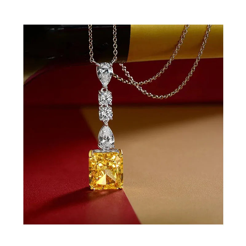 Luxury 16ct Big Square 11x12mm Radiant Cut Yellow Zirconia Pendant Necklace 925 Silver Fine Jewelry