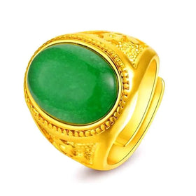 Brass Gold Plated Inlaid Ring Red Black and Green Gemstone Ring for Men Gold Plated Oval Domineering Boss Ring