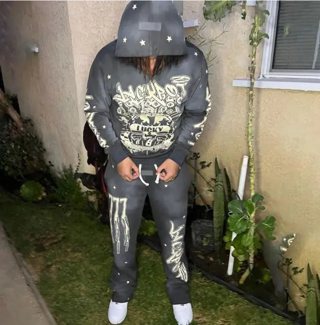 Custom Oversize French Terry Screen Print Vintage Flare Pants and Hoodie 2 Piece Set Sweatsuit Acid Washed Tracksuit Men