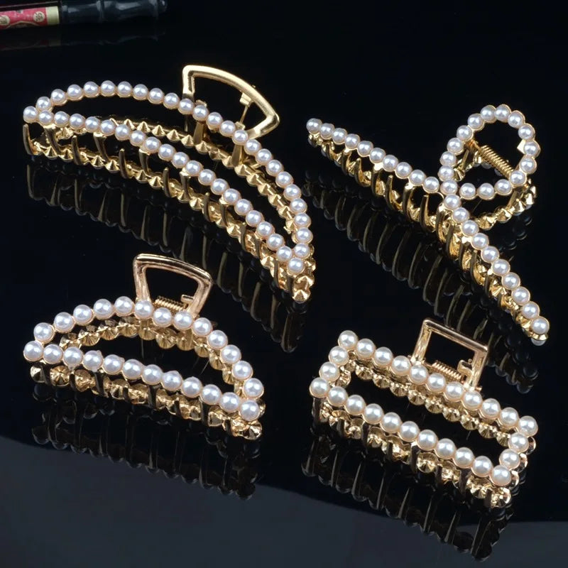 Wholesale Vintage Classic Hair Clamp Geometrical Pearl Decoration Metal Hair Claw Clip for Women Hair Fixed Accessories