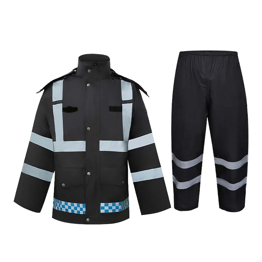 HCSP High Visibility Waterproof Black Rain Suit Long Men Raincoat Reflective Safety Raincoats Suit