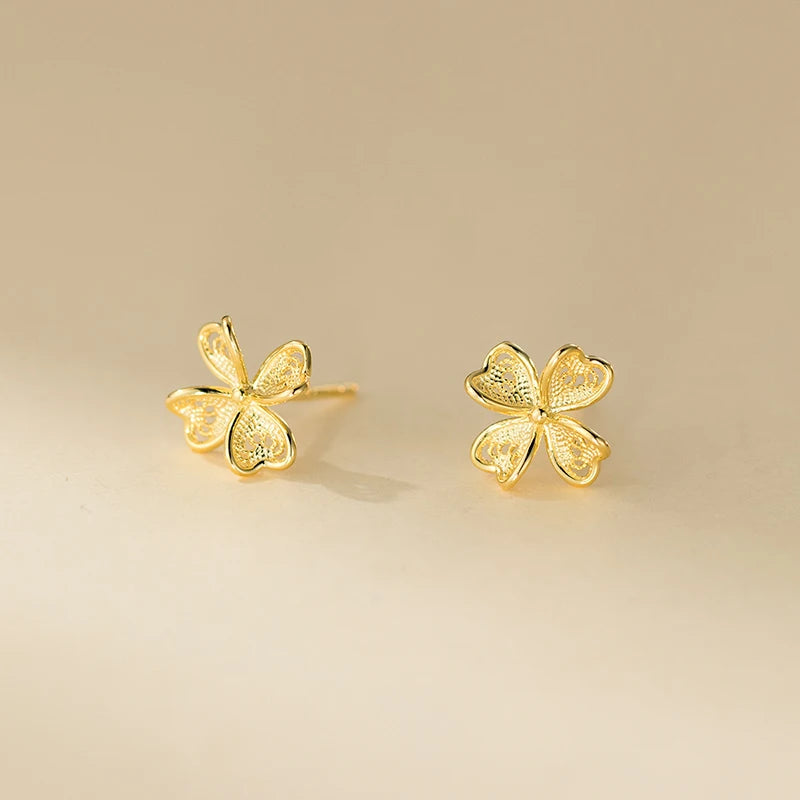Romantic Flower 925 Sterling Silver Stud Earrings for Women Simple Cute Petal Clover Design Delicate Fine Jewelry for Gift
