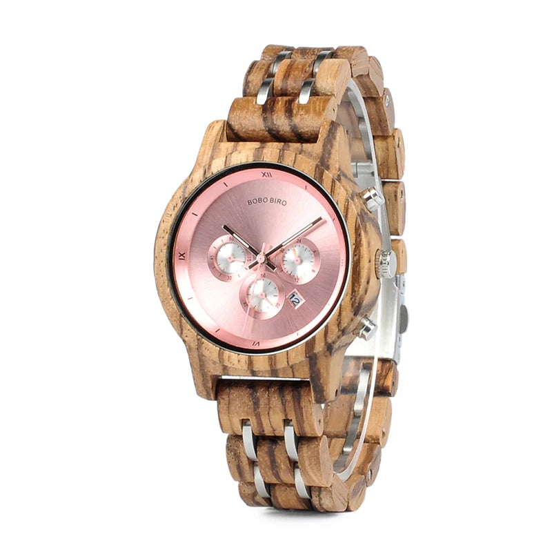 Custom Logo Luxury Women's Chronograph Rattrapante Wooden Watch Luminous 40mm Dial Quartz Alarm 3BAR Water Stainless Steel
