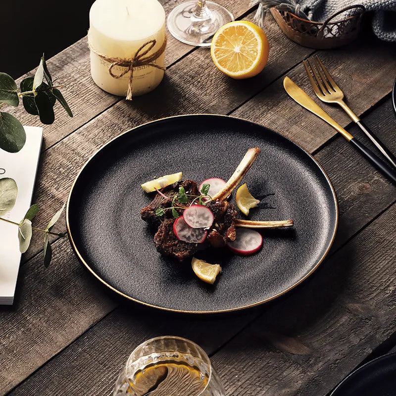 Round Factory Wholesale Stoneware Flat Dish Serving Gold Rim Matte Ceramic Black Dinner Plates Steak Plate for Restaurant
