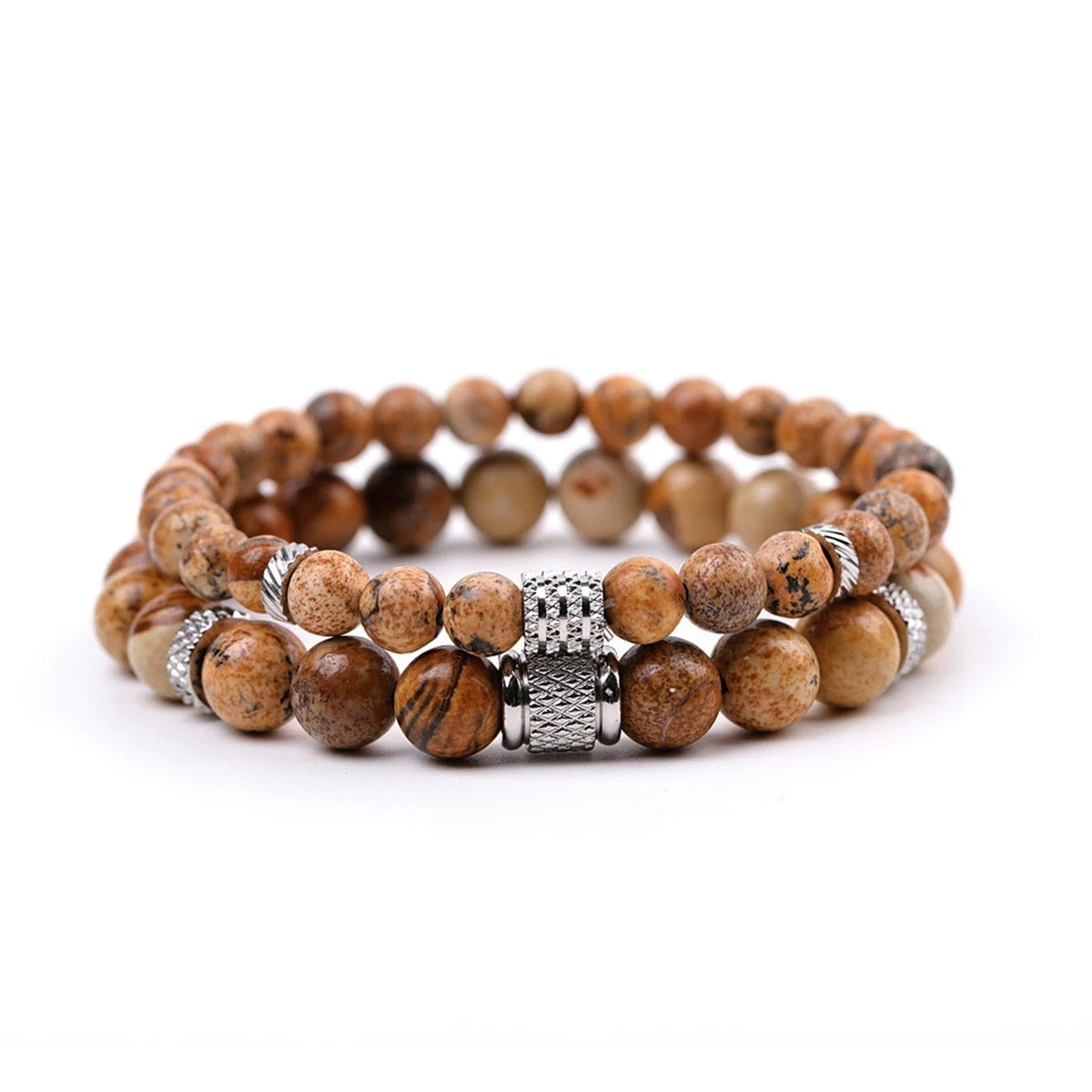 Fashion 6MM 8MM Picture Jasper Stone Beads Elastic Bracelet Set Stainless Steel Accessory Simple Love's Bracelet for Men Women