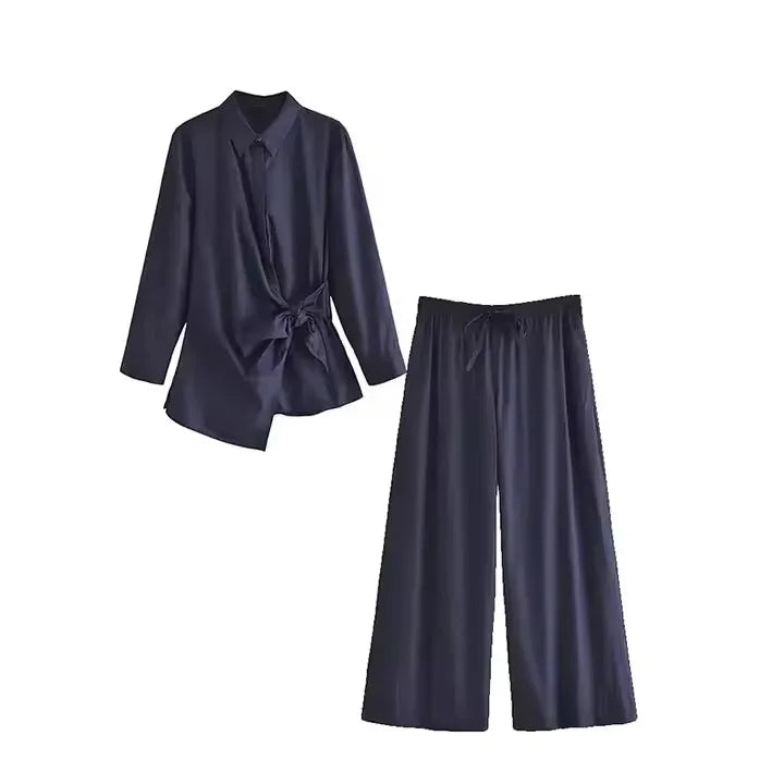 Causal Sets Tops + High Waist Long Pants Fashion Poplin Single Breasted Shirt 2024 Autumn Women 2 Pieces Sets