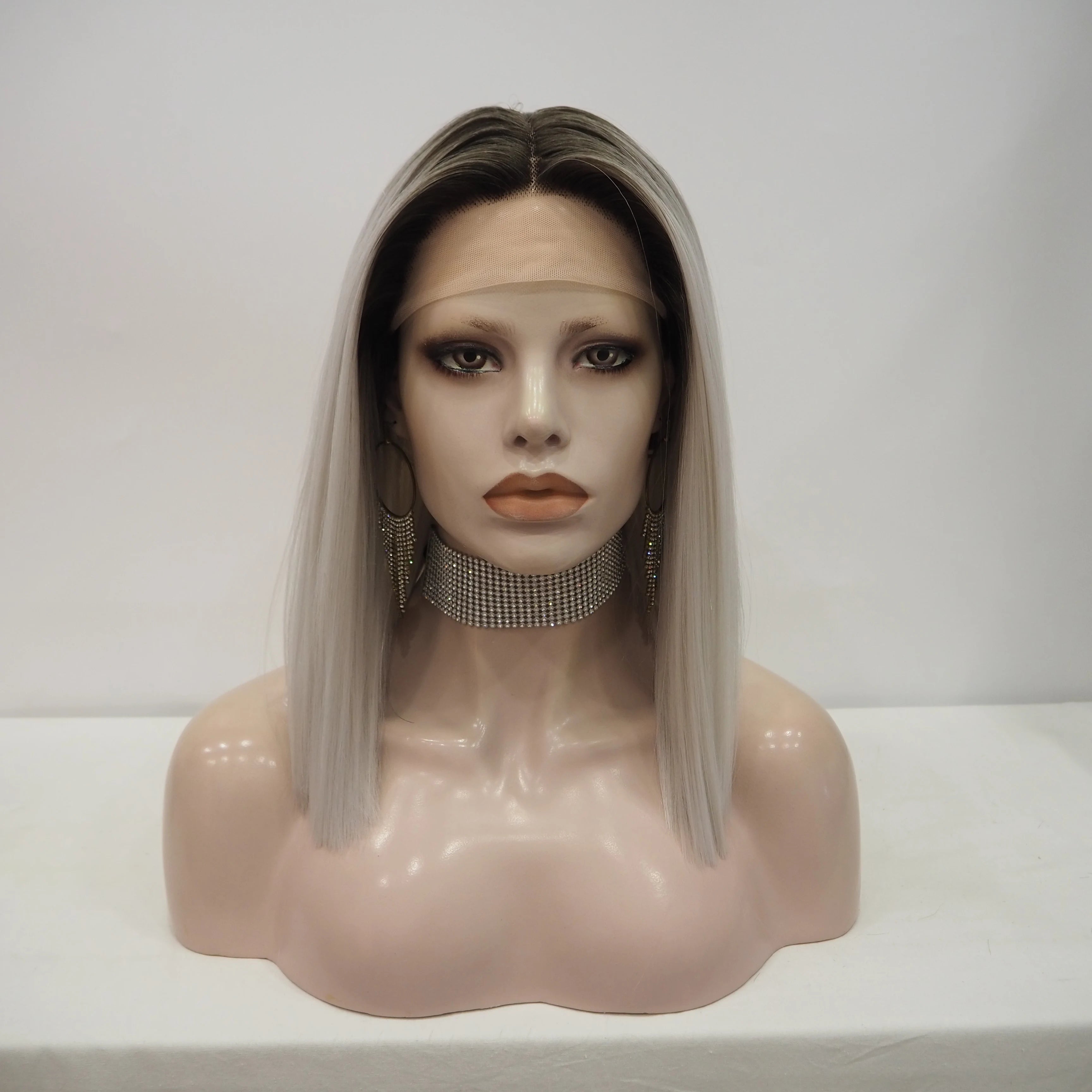 Wholesale  Straight No Layers Dark Root Grey  Premium Matte Luxury Heat Resistant Synthetic Lace Front Wig for Women