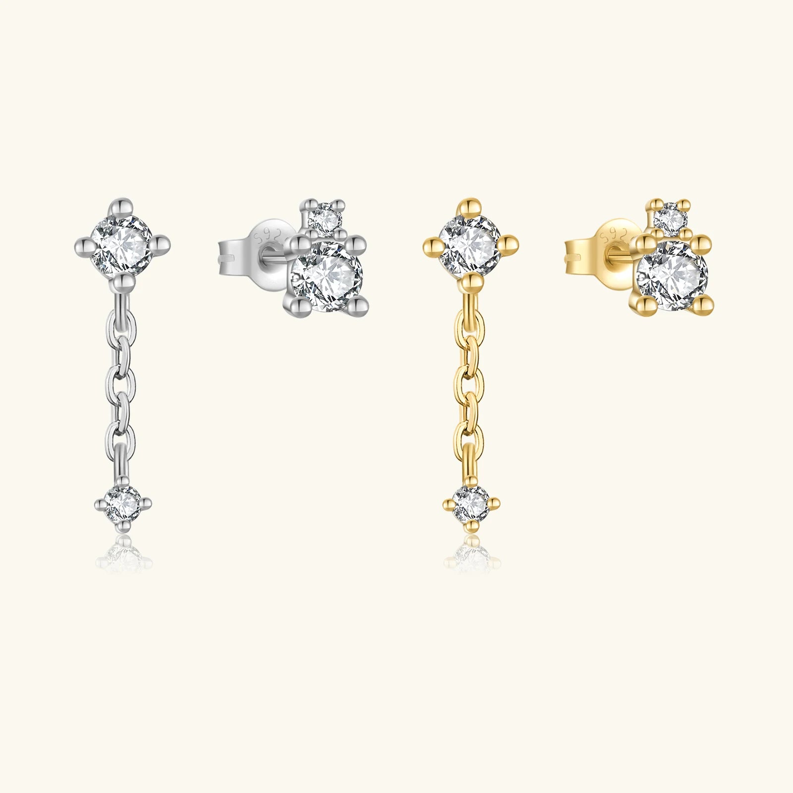 FUAMAY 925 Solid Silver Asymmetrical Short Chain Stud Earrings White CZ Diamond Drop Gold Star Gold Plated Wedding Bohemian