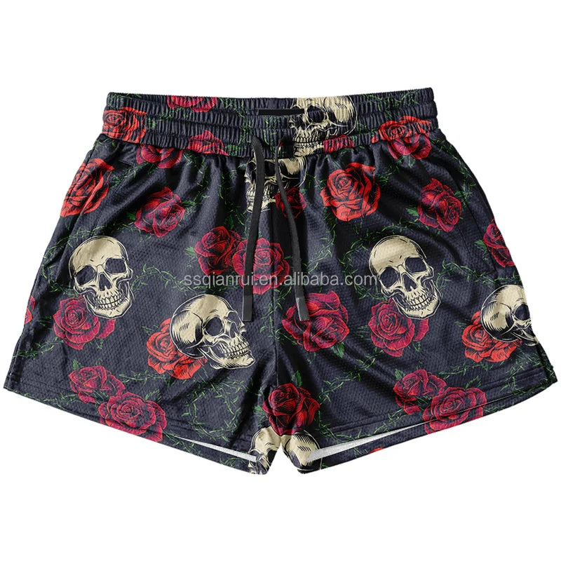 High Quality Muay Thai Shorts Men Double-layer Breathable Mesh Gym Shorts  Skull Print Mesh Shorts