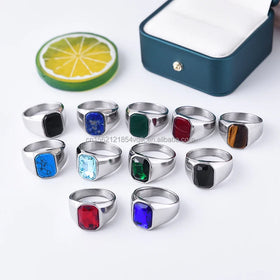 Men's Classic High Quality 316L Stainless Steel Gemstone Rings with Bezel Setting and Variety of Gem Colors Direct Sales