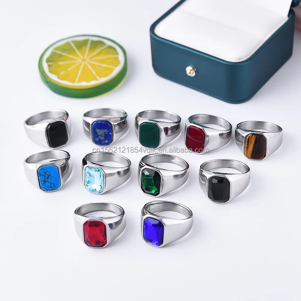 Men's Classic High Quality 316L Stainless Steel Gemstone Rings with Bezel Setting and Variety of Gem Colors Direct Sales