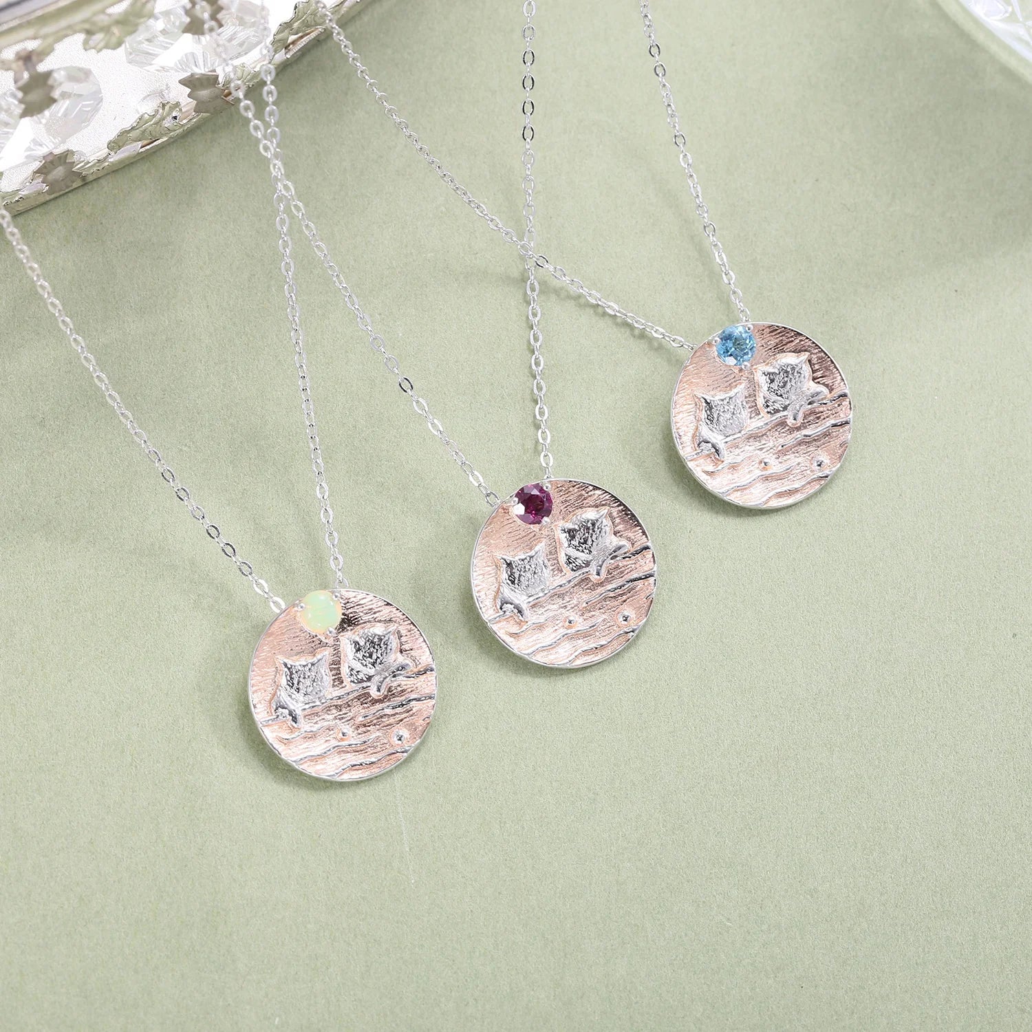 C8092 Abiding Anime Cute Cats 925 Sterling Silver Natural Gemstone Pendants Charm for DIY Necklace Jewelry