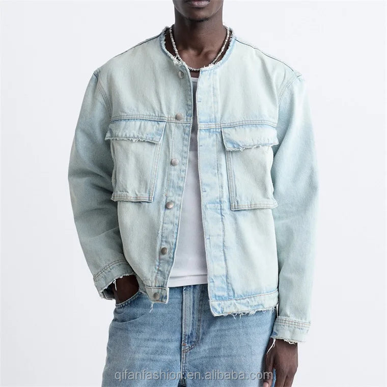 Custom Washed Ripped Distressed Crew Neck Denim Jacket for Men