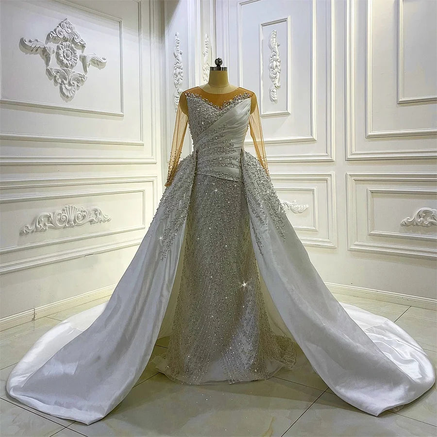 Jancember AM1042 Satin Detachable Tail Fully Jewelled Sequins Party Mermaid Wedding Dress