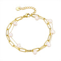 Wholesale Waterproof Jewelry Freshwater Pearl Jewelry Stainless Steel Gold Plated Double Layer Bracelet for Women