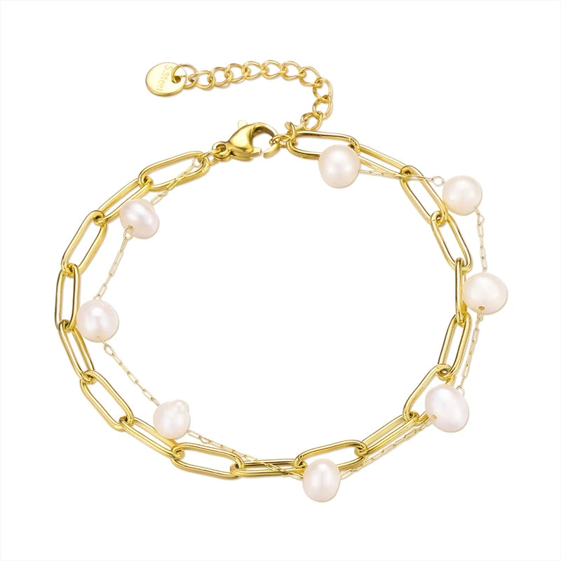 Wholesale Waterproof Jewelry Freshwater Pearl Jewelry Stainless Steel Gold Plated Double Layer Bracelet for Women