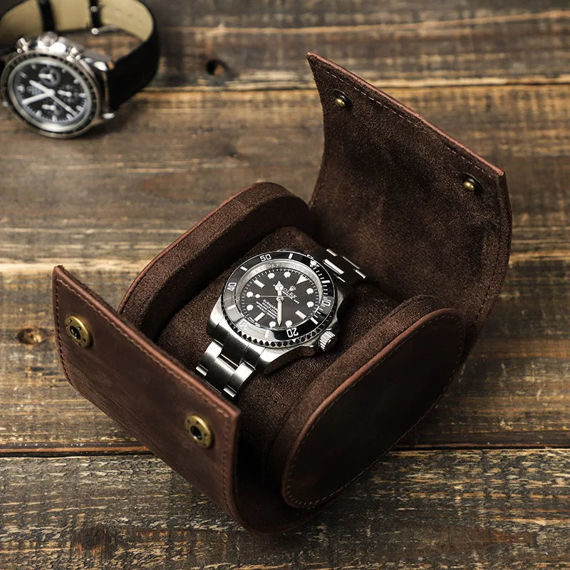 Vintage Women Men Watch Gift Box Brown Luxury Real Leather Watch Boxes Single Slot