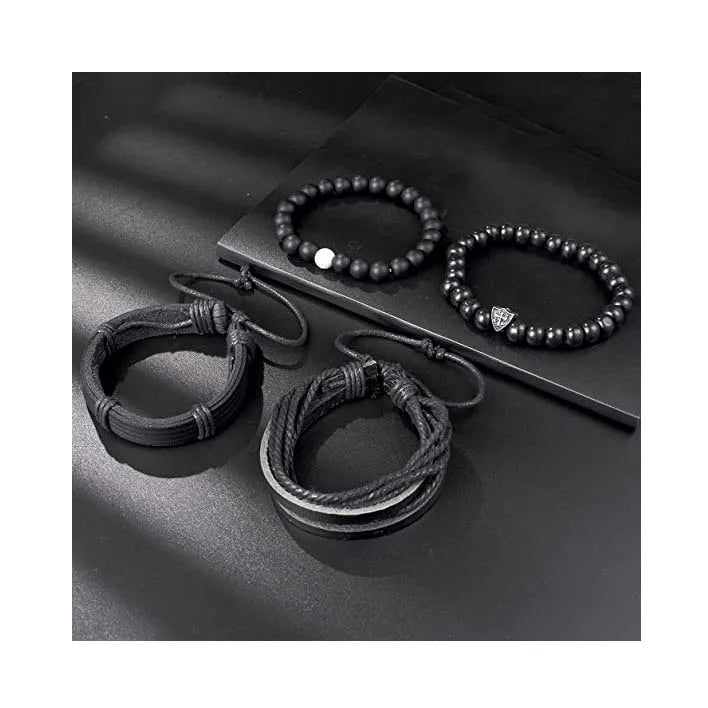 New Arrival Boho Ethnic Tribal Woven Cuff Wrap Bracelet Set Handmade Adjustable Black Braided Leather Wood Bead String Bracelets