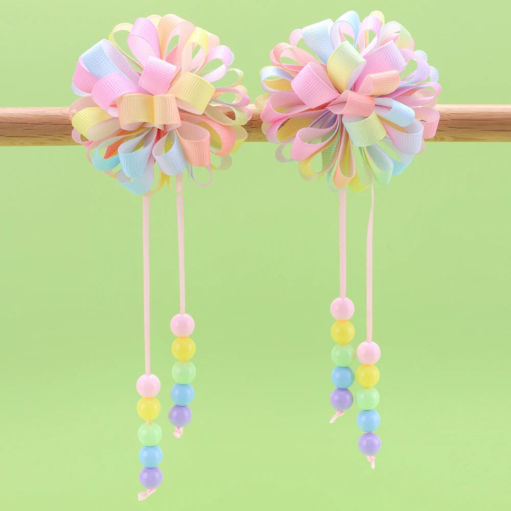 CN Boutique Colorful Grosgrain Ribbon Hair Bow Flower Ball Hair Clip with Long Bead Hair Pins for Kids Girls