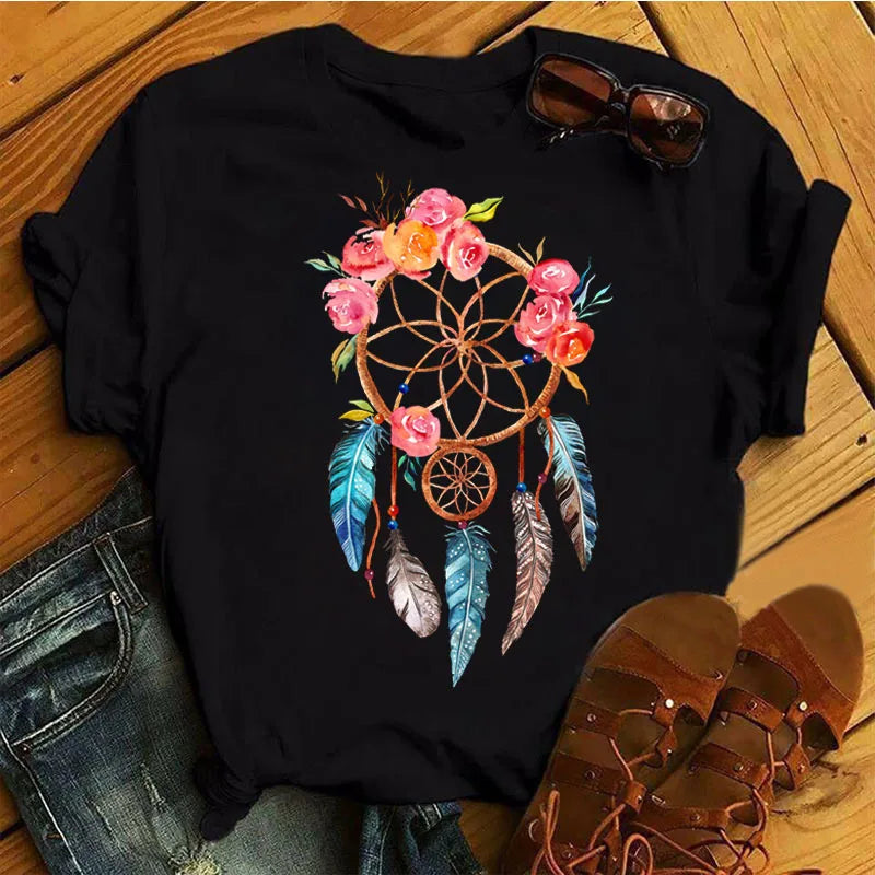 Ladies Short Sleeve Dream Feather Patterns Design Printing t Shirt for Women Oversized Graphic Female O-neck Girl' Top Tee Shirt