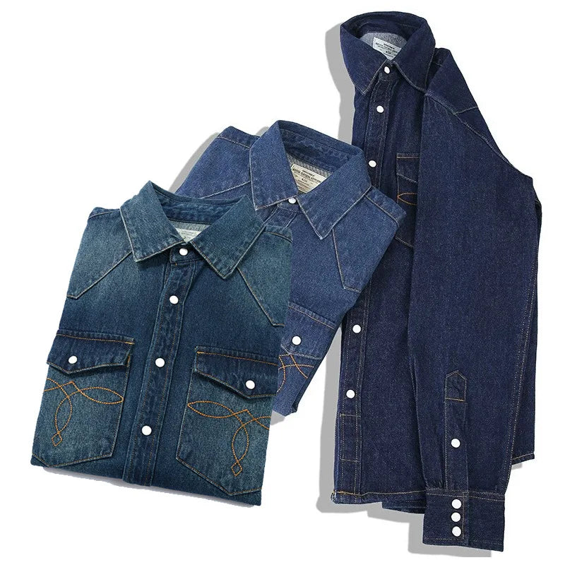 High Quality Vintage Style Denim Shirts for Men Long Sleeved Streetwear Top Stripe Embroidery Breathable Anti-Pilling Feature