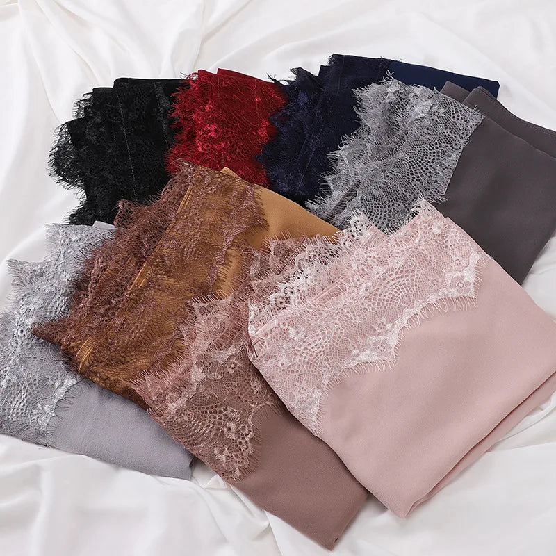 Chiffon Scarf Muslim Hijab Fashion Lace Decoration Women's Scarf Luxury Shawls & Scarves Black White Pink Headband Wholesale