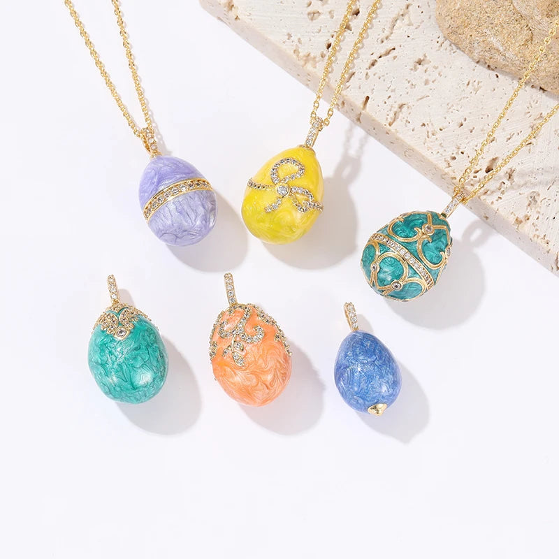Wholesale Brass 14K Gold Plated Colorful Enamel Zircon Easter Egg Pendant Fashion Necklace and Bracelet Making Accessories