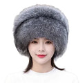 MWfur Fashion Russian Raccoon Fur Silver White Fox Fur Hat for Women Ladies Winter Plush Fox Fur Hat with Tail