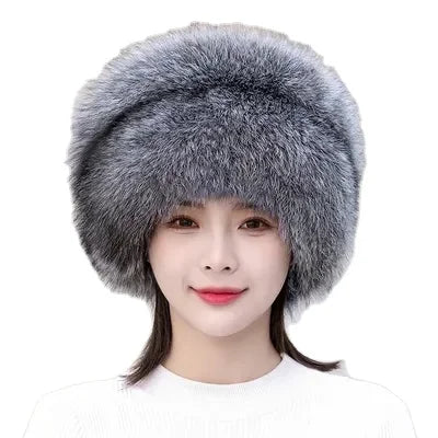 MWfur Fashion Russian Raccoon Fur Silver White Fox Fur Hat for Women Ladies Winter Plush Fox Fur Hat with Tail