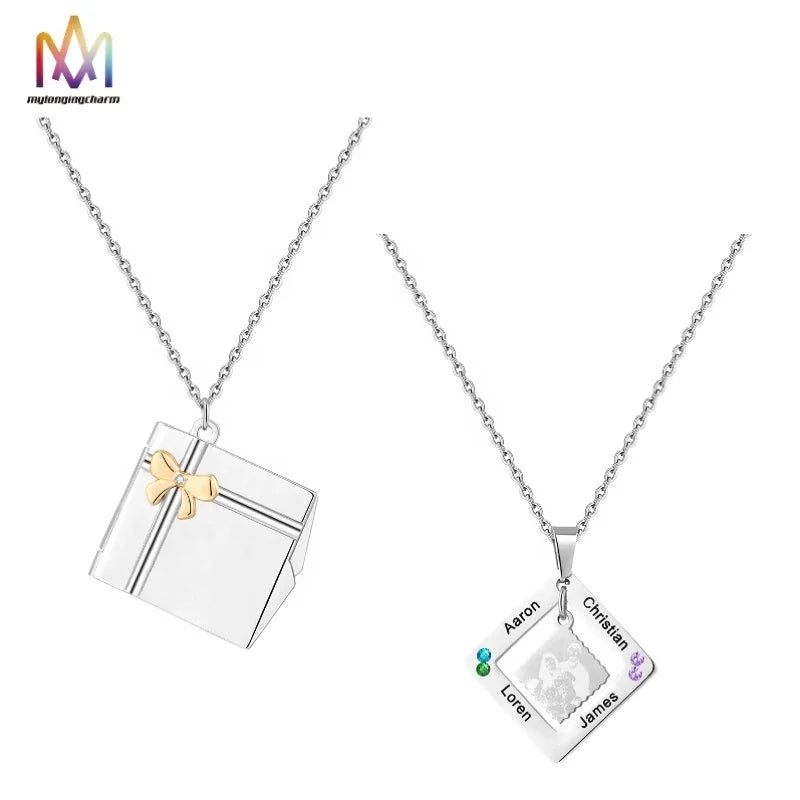 Customized Stainless Steel Necklace with Zircon New Design Rhombus Pendant Link Chain Valentine's Day Gift Box